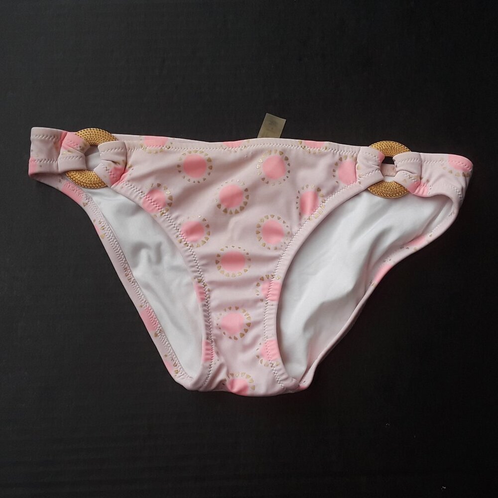 Victoria's Secret light pink bikini bottom with bright pink dots, gold trim sz S